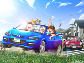 Cartoon car driving past girls - official art free wallpaper for desktop