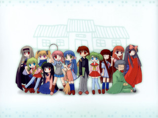 Anime girls group building sky 8 - a detailed drawing free wallpaper