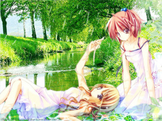 Anime girls pond fence dappled - a couple of anime girls sitting next free wallpaper