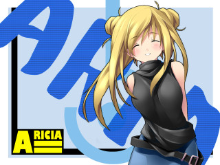 Blonde girl black top blue - anime art style free wallpaper