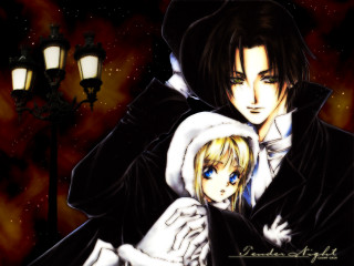 Gothic anime couple hug streetlight - a couple of anime characters free wallpaper