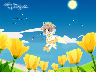 Cartoon girl flying yellow flowers - yellow flower free wallpaper for desktop
