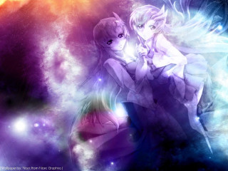Anime girls hug space background - lightening free wallpaper