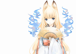 Anime foxgirl fan kimono blueeyes - a white dress free wallpaper for desktop