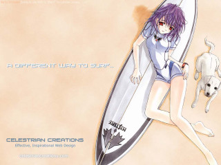 Woman surfboard dog beach anime - behind her free wallpaper