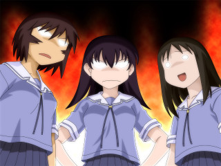 Three anime girls black hair - blue shirt free wallpaper