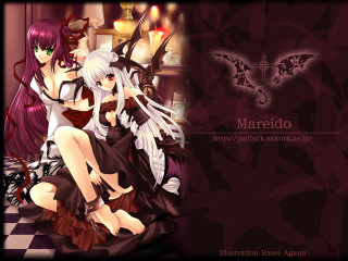 Anime gothic argyle bed wings - a couple of anime girls sitting next free wallpaper
