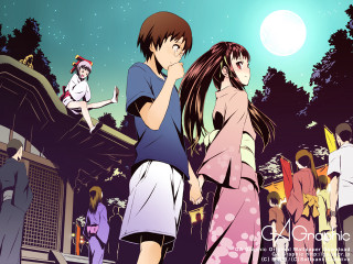 Moonlit night girls kimono fireworks - a couple of people free wallpaper