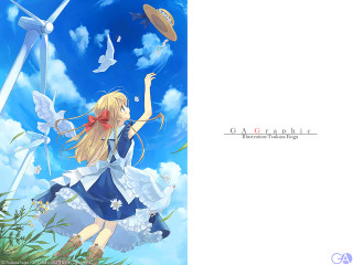 Girl blue dress kite bird - above her free wallpaper