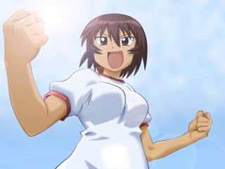 Woman white shirt raising fist - a sky background behind her free wallpaper