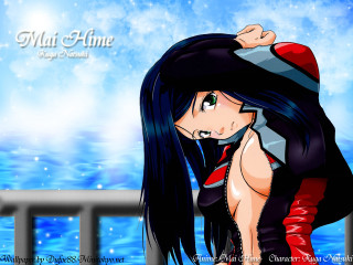 Woman ocean railing anime beach - a red top free wallpaper