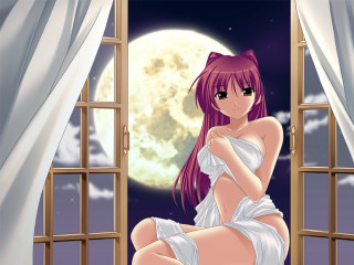 Woman sitting window moon night - a cartoon of a woman free wallpaper