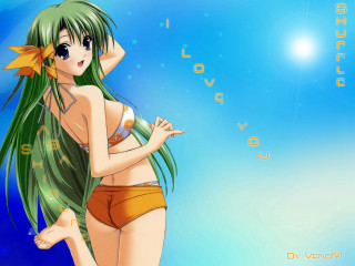 Girl green hair bikini sky - a girl in a bikini free wallpaper