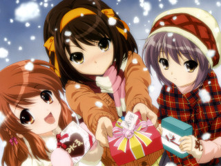 Three girls snow gift christmas - a gift free wallpaper