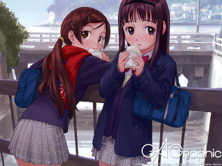 Two girls bridge river anime - figurative art free wallpaper