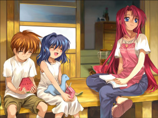 Anime girls bench watermelon blue - a book free wallpaper