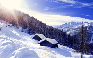 Cabin snowy mountain trees sunshine - a bright sun free wallpaper