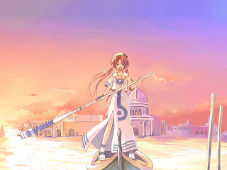 Woman sword boat city dusk - a boat free wallpaper for desktop