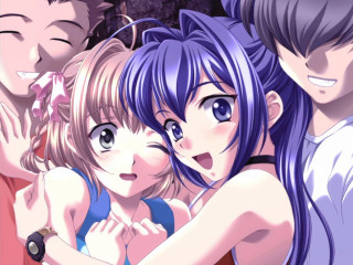 Purple hair blue eyes hugging - the camera free wallpaper for desktop