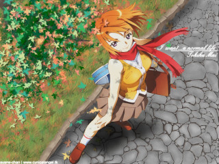 Orange scarf girl autumn path - free autumn wallpaper
