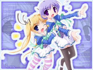 Anime hugging girls purple background - a blue background behind them free wallpaper