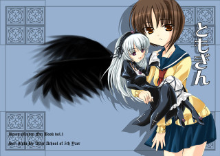 Anime hugging girls black bird - above them free wallpaper