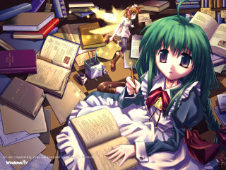 Green hair girl library floating - green hair free wallpaper for desktop