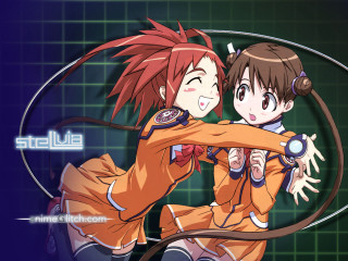 Anime hugging girls blue green - a green background behind them free wallpaper