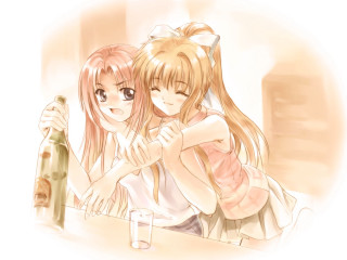 Two girls beer hug anime - sots art free wallpaper