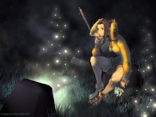Fantasy anime man sitting fireflies - a flashlight free wallpaper for desktop