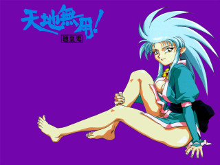 Blue hair woman sitting purple - leg free wallpaper