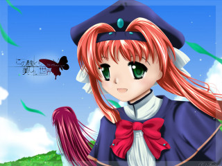 Anime girl red hair blue 5 - the sky behind her free wallpaper