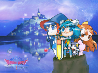 Cliff castle lake cartoon 4girls - a cartoon of a group free wallpaper