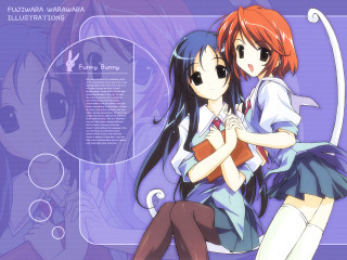 Anime girls hug purple background - a blue circle free wallpaper