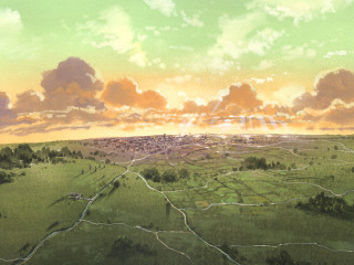 Sunset cityscape mountains ocean clouds - a painting of a landscape free wallpaper