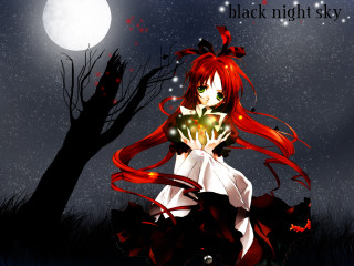 Red haired girl heart moon - free halloween wallpaper
