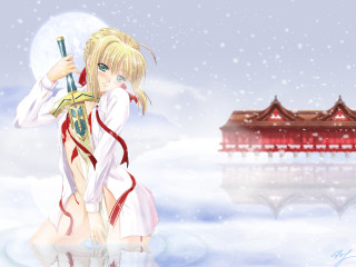 Anime girl snow sword pagoda - a anime girl holding free wallpaper