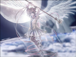 Angelic girl with wings on - a moon in the background free wallpaper