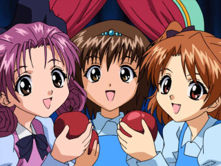 Three anime girls apple curtains - curtain free wallpaper