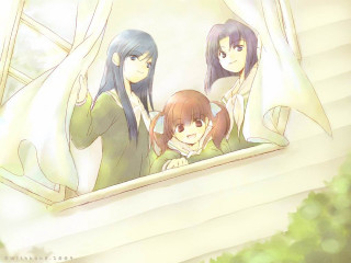 Three anime girls window scenery - a green sky free wallpaper