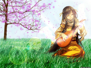 Woman guitar pink flowers anime - emperor huizong of song free wallpaper