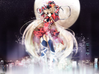 Anime girl red dress full - a city skyline in the background free wallpaper for desktop