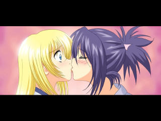 Anime kiss blonde blue eyes - a pink background behind them free wallpaper
