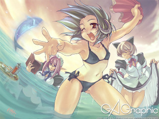 Neogeo anime 3girls bikini beach - the background and a boat free wallpaper