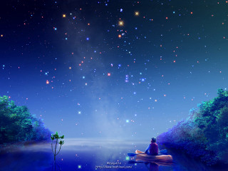 Night sky stars boat moon - free anime wallpaper