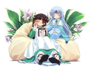 Anime girls beanbag flower book - in the foreground free wallpaper for desktop