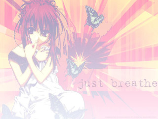 Redhair butterfly wings pinkbackground animecover - text free wallpaper