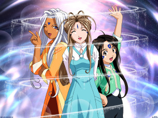 Three anime girls blue background 2 - lightening free wallpaper for desktop