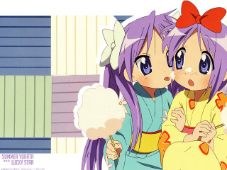 Two anime girls purple hair 2 - one holding free wallpaper