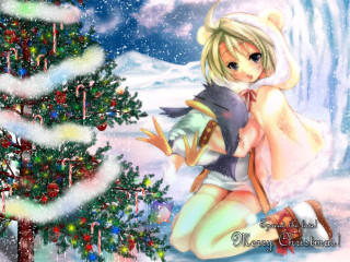 Christmas girl anime reindeer snow - her shoulder and a bird free wallpaper